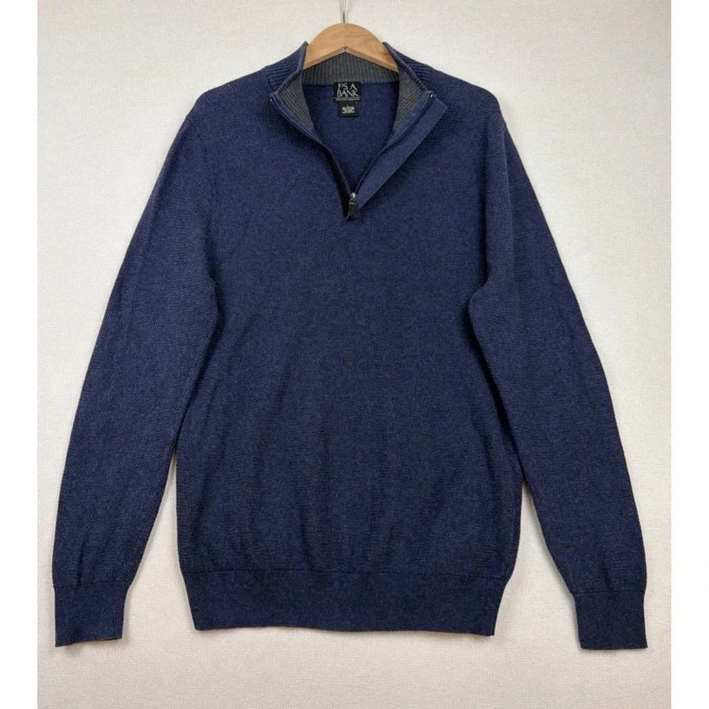 Jos A Bank Executive Collection 1/4 Zip Sweater Mens L Blue Preppy Elbow Patches
